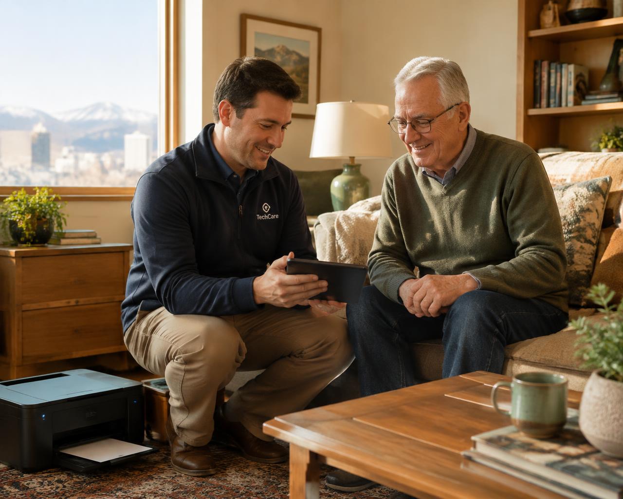 A friendly technician helping a smiling senior use his tablet in his Denver living room